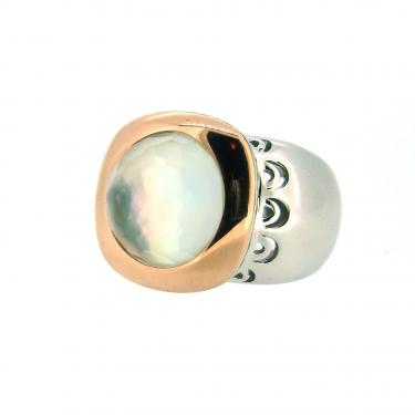 Tirisi Ring mit Perlmutt-Bergkristalldoublette 750 RG / 925 AG #56-58