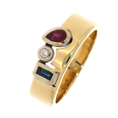 Bicolor Ring mit Saphir, Rubin und Brillant ca. 0,03 ct. aus 585 Gold # 57