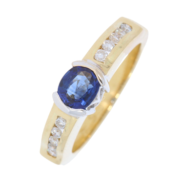 Bicolor Ring mit blauem Saphir und 10 Brillanten ca. 0,26 ct. aus 750 Gold # 55