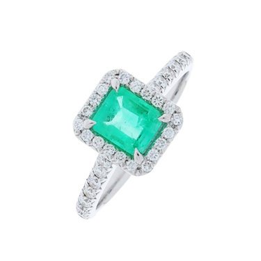 LUXORA Ring mit Smaragd 0,86 ct. und 36 Brillanten 0,45 ct. aus 750 Weißgold # 55