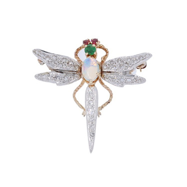 Bicolor Brosche mit Anhngerfunktion Motiv Libelle mit Opal, Smaragd, 2 Rubine und 38 Diamanten ca. 0,48 ct. aus 585 Gold