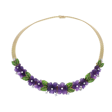 Bicolor Collier mit 10 Amethystblten, 10 Diamanten ca. 0,30 ct. und 11 Brillanten ca. 0,45 ct. aus 750 Gold 40 cm