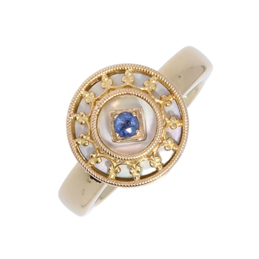 Bicolor Ring mit Saphir und Perlmutt aus 585 Gold # 55