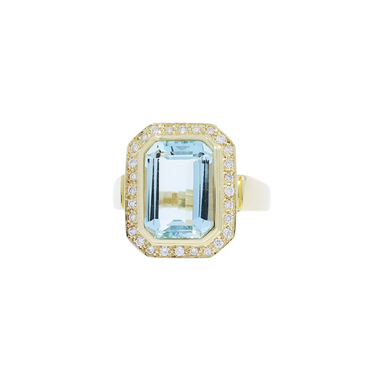 Ring mit Aquamarin und 28 Brillanten ca. 0,28 ct. aus 585 Gelbgold # 64