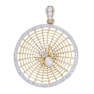 Bicolor Clipanhnger Motiv Spinne im Netz mit Zuchtperle und 68 Brillanten ca. 0,70 ct. aus 750 Gold