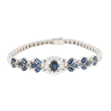 Armband mit 17 Saphire ca. 1,82 ct., 26 Diamanten ca. 0,64 ct. und 12 Brillanten ca. 0,68 ct. aus 750 Weigold 18 cm