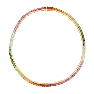 Collier im Farbverlauf mit 92 verschiedenen Farbsteinen ca. 43 ct. aus 750 Gelbgold 39,5 cm