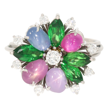 SCHOTT Ring mit 9 Brillanten ca. 0,47 ct., 4 Tsavorite ca. 1,48 ct. und 4 Saphire ca. 4,90 ct. aus 750 Weigold # 64