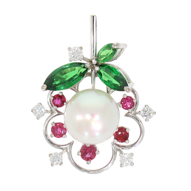 SCHOTT Anhnger mit Zuchtperle, 3 Tsavorite, 5 Rubine und 5 Brillanten ca. 0,20 ct. aus 750 Weigold