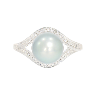 Ring mit grauer Zuchtperle und 20 Brillanten ca. 0,10 ct. aus 585 Weigold # 60