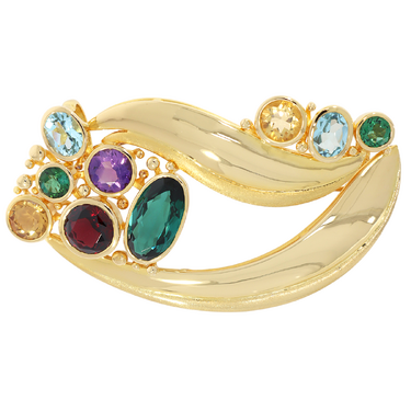 Brosche mit 9 verschiedenen Farbsteinen ca. 14,92 ct. aus 750 Gelbgold
