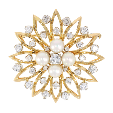 Bicolor Brosche mit 25 Brillanten ca. 1,37 ct., 4 Diamanten ca. 0,04 ct. und 4 Zuchtperlen aus Gold 750