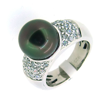 GOOIX Ring mit Zirkonia und Muschelkernperle dunkel 925 AG #56