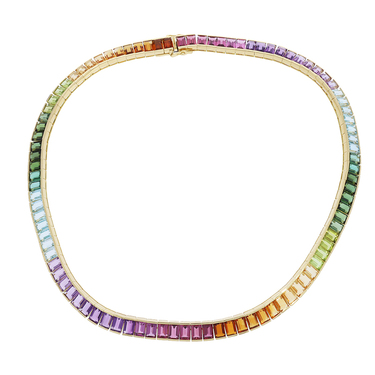 Collier im Farbverlauf mit 92 verschiedenen Farbsteinen ca. 43 ct. aus 750 Gelbgold 39,5 cm